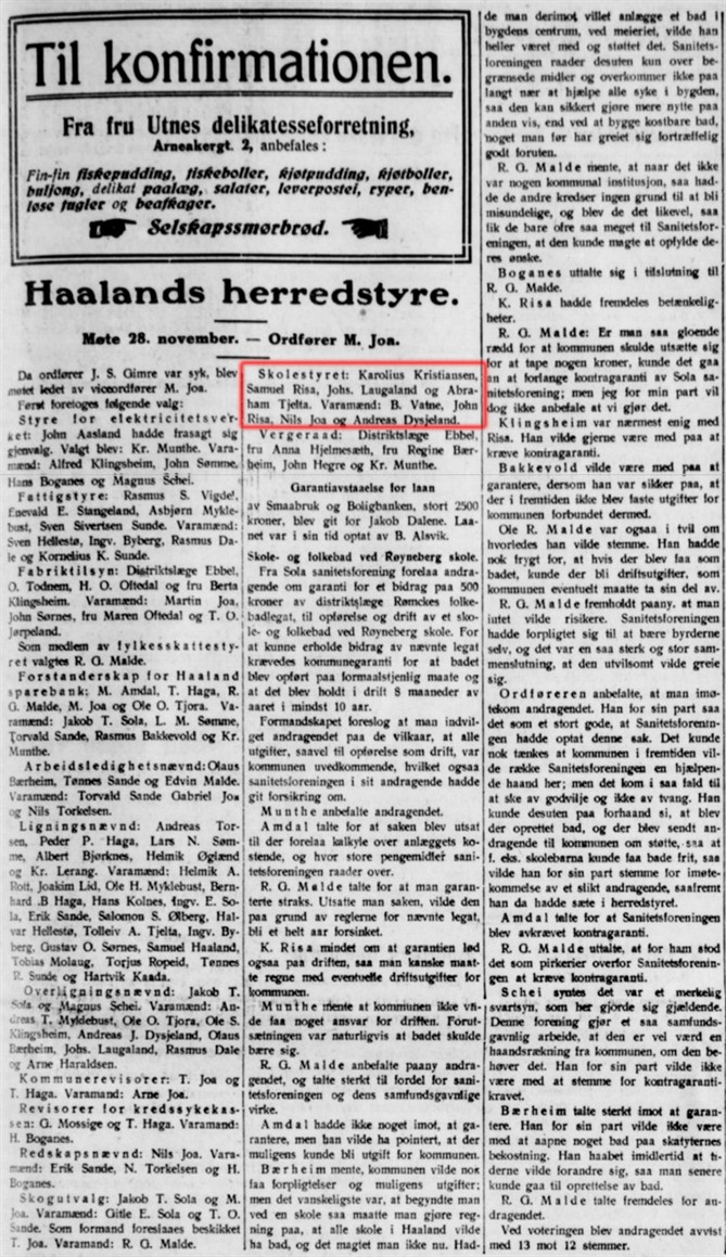 1924.12.03 - Aftenbladet - Haalands herredstyre - referat fra møtet 1924.11.28 - Karolius Kristiansen i Skolestyret - med firkant